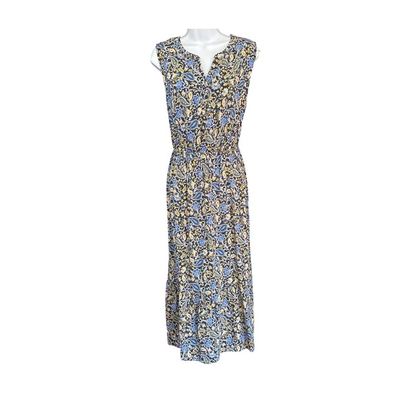 DR2 Dresses & Skirts - DR2 Midi Dress Boho Cottagecore Paisley Floral Blue Yellow Rayon L Spring